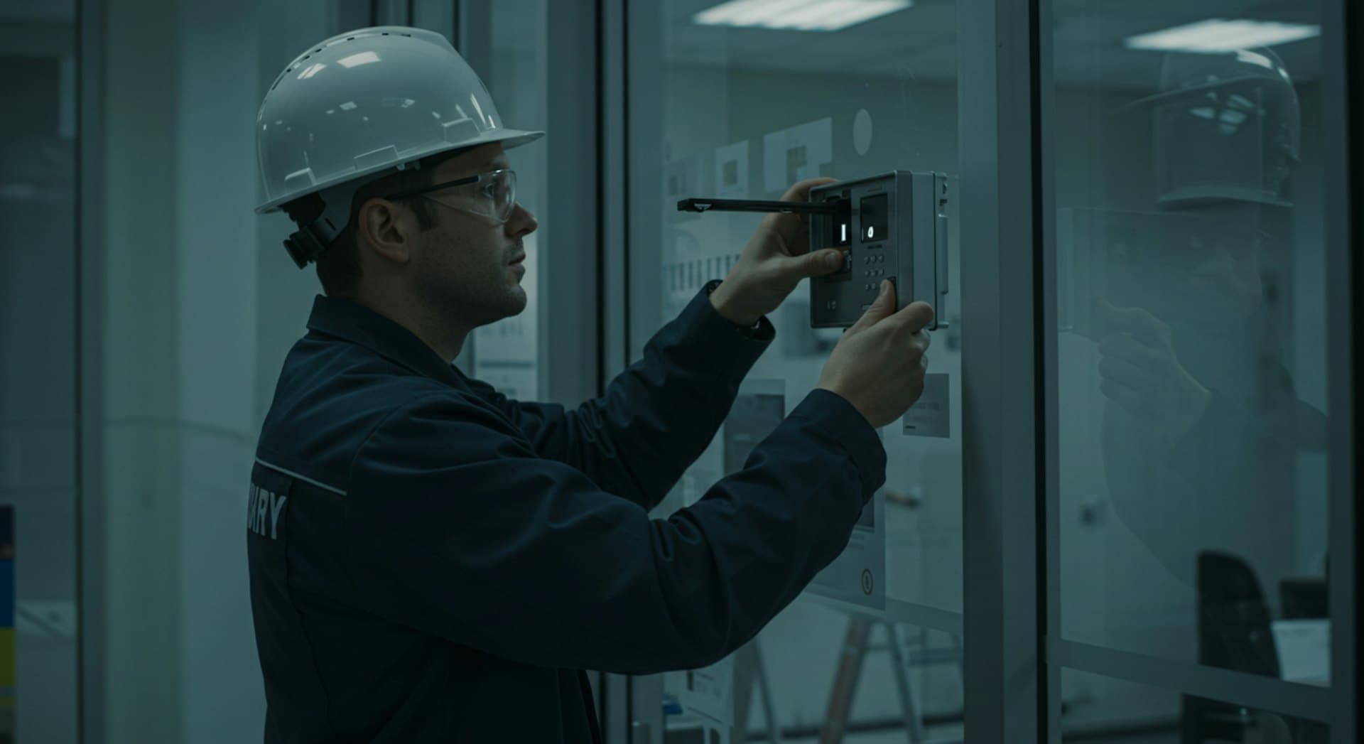 A technician inspecting a door installation on site